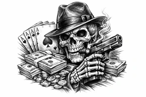 skull with gangster-hat,cigar in his mouth,gun in a skeleton-hand,playing cards,a lot of money. tattoo idea