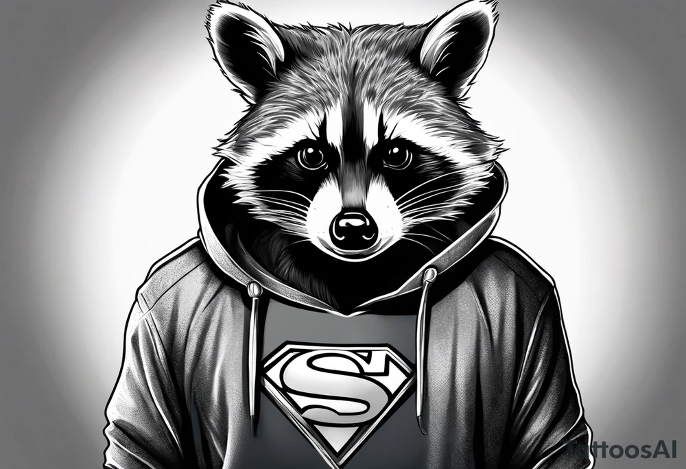 raccoon wearing a Superman hoodie tattoo idea