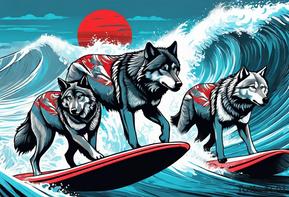 a pack muscular of gray wolves surfing with a tropical background with red white and black and gray tattoo idea