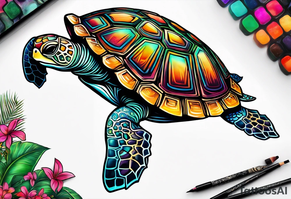 tropical psychedelic turtle's back, top down view, as seen from above tattoo idea