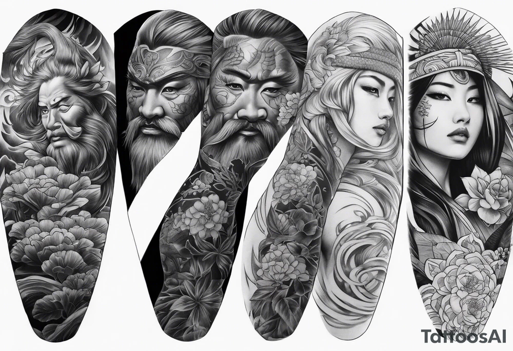 High contrast black and grey Japanese full arm sleeve tattoo idea