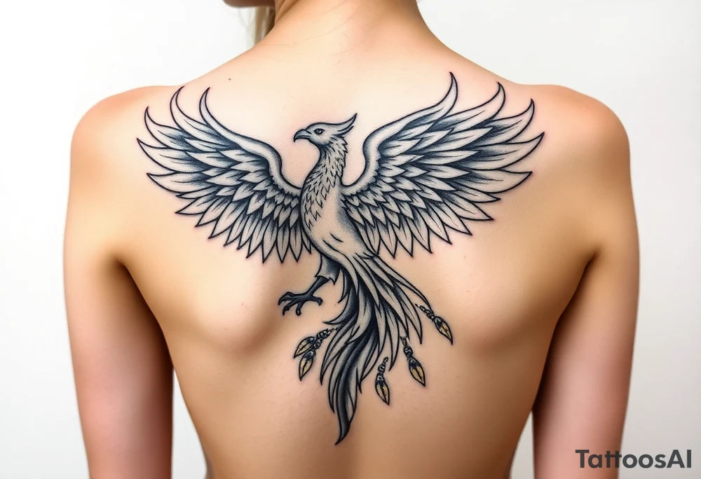 magnificent phoenix rising from golden flames with trailing embers tattoo idea