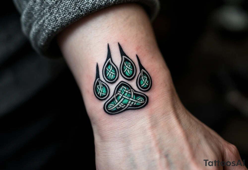 Celtic Wolf Paw Symbol – A wolf paw print where each pad is formed by tight Celtic knots in black ink with green highlights. tattoo idea