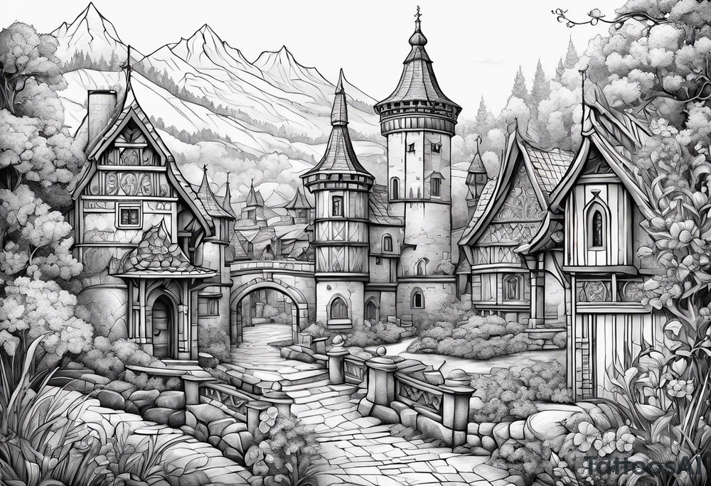 medieval tribal city 
floral  land  vignette tattoo idea