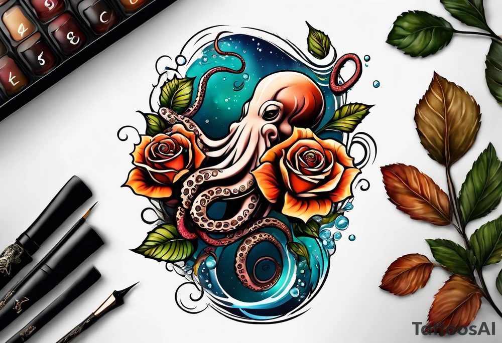 abstract left thigh tattoo with an octopus in water swirls wrapping around rocks, a rose, in fall colors with some small leaves and fall elements tattoo idea