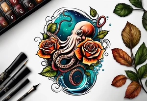 abstract left thigh tattoo with an octopus in water swirls wrapping around rocks, a rose, in fall colors with some small leaves and fall elements tattoo idea
