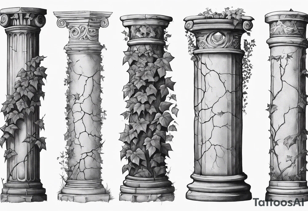 Half of a roman pillar with the word "OMNIA" inscribed on the top. It has cracks in the middle and overgrown ivy at the bottom. tattoo idea