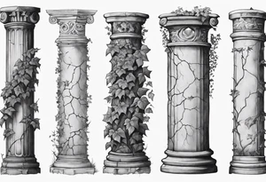 Half of a roman pillar with the word "OMNIA" inscribed on the top. It has cracks in the middle and overgrown ivy at the bottom. tattoo idea