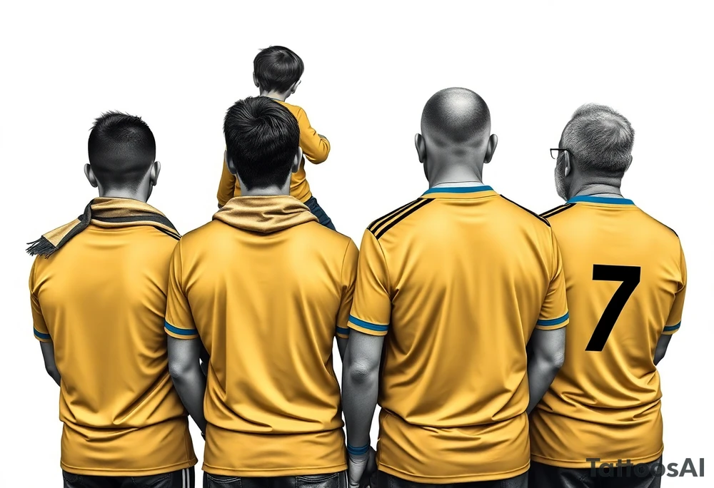 4 soccer fans from their backs, wearing yellow blue shirts. the second one from left having a kid on his shoulders, and he's rising a scarf.
the right one is older, more fat and shorter and wearing an shirt with the number 7 on it and has on his shoulders line like adidas tattoo idea