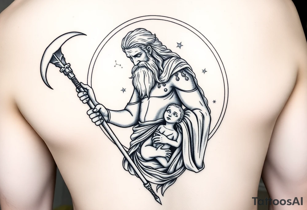 a tattoo design of the old wise God Saturn holding his scythe looking down using the spear to keep himself upright, in his other arms cradling a twin dying younger version of himself. The gemini constellation is in the background behind the Saturn Gods. Long vertical form as this will be on a thigh - include the planet Saturn rings going round the design tattoo idea