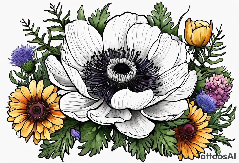 one white anemone with black center in the middle of mixed colorful wildflowers all with different shapes including thistles, ferns, ranuculus, and sun flowers tattoo idea
