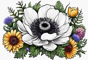 one white anemone with black center in the middle of mixed colorful wildflowers all with different shapes including thistles, ferns, ranuculus, and sun flowers tattoo idea