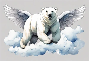 a polar bear with wings, standing on clouds, laughing tattoo idea