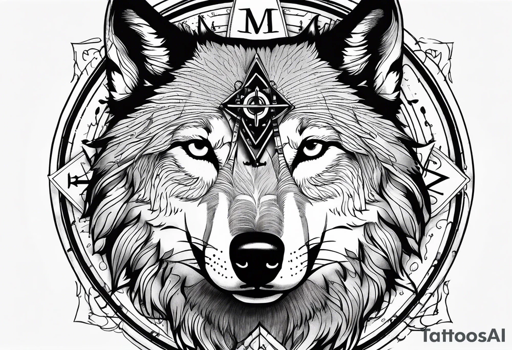 Wolf face with compass and my daughters name Madison tattoo idea