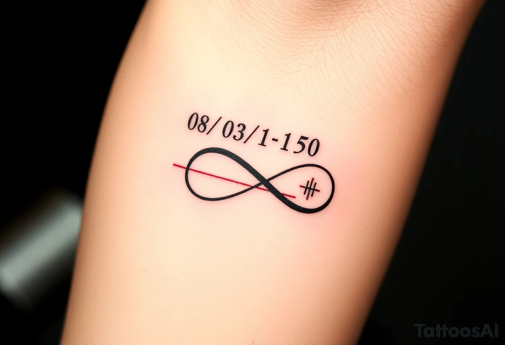 “Quero uma tatuagem no antebraço, simples e pequena. Deve ter a data de nascimento do meu avô 08/03/1950 escrita em vermelho, seguida de um traço reto e, à frente, o símbolo de infinito em preto com detalhes em branco. O design deve ser minimalista, com letras elegantes e proporcionais, mantendo um aspeto discreto.” tattoo idea