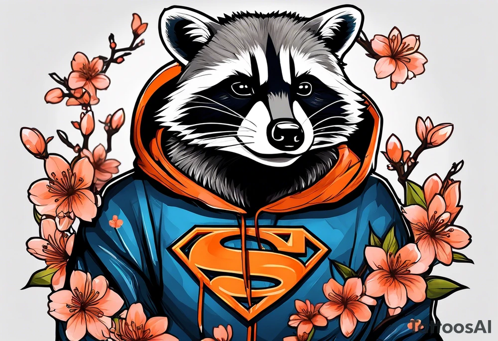 Raccoon wearing a white Superman logo on a black hoodie and orange Japanese cherry blossoms beside tattoo idea
