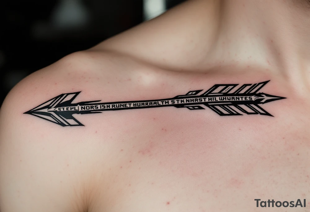 A silver and steel arrow with Norse runes engraved along its shaft, representing ancient wisdom and warrior spirit. tattoo idea