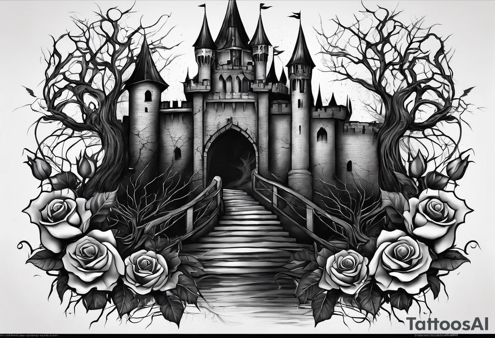 tattoo fool sleeve, destroyed dark gothic castle, tree roots break out of the chains, broken mask, roses tattoo idea