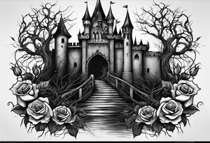 tattoo fool sleeve, destroyed dark gothic castle, tree roots break out of the chains, broken mask, roses tattoo idea