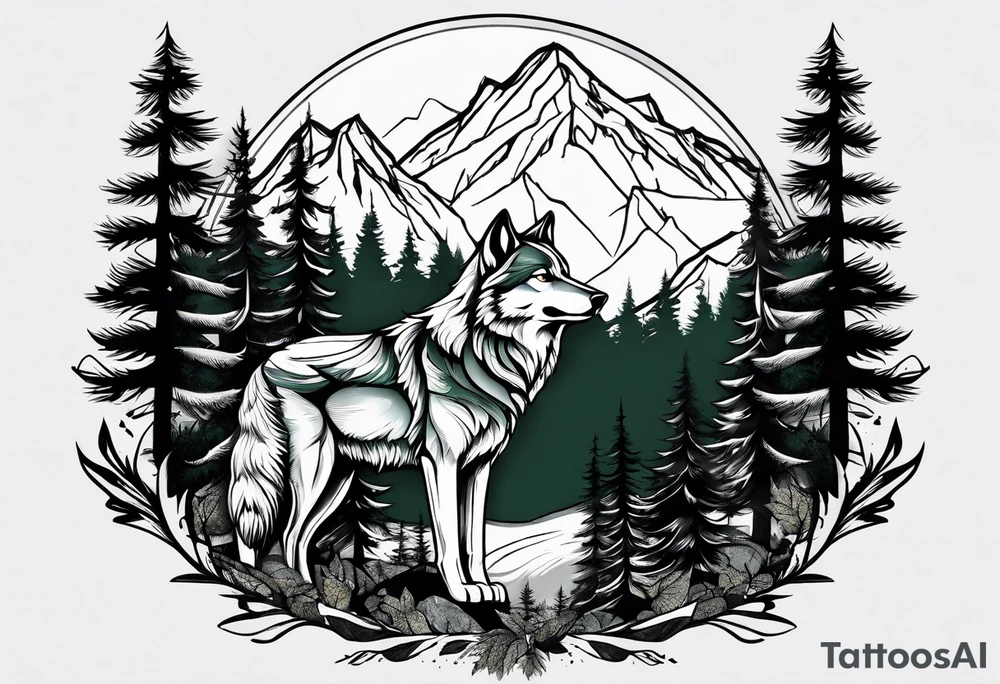 Forest and mountains in wolf body tattoo idea