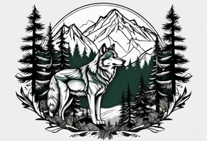 Forest and mountains in wolf body tattoo idea