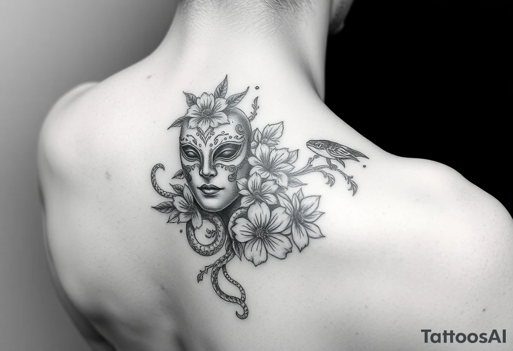 I want a two face masked tattoo with flowers, snakes , vines, jungle like all around On the forearm going down to my hand with cute flowers on it tattoo idea