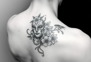 I want a two face masked tattoo with flowers, snakes , vines, jungle like all around On the forearm going down to my hand with cute flowers on it tattoo idea