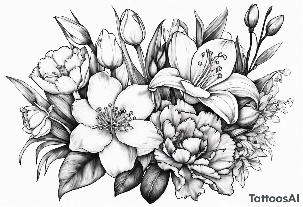Bouquet
with 1 snowdrop 2 carnations 1 rose 1 lily of the valley 1 daffodil 1 peony tattoo idea