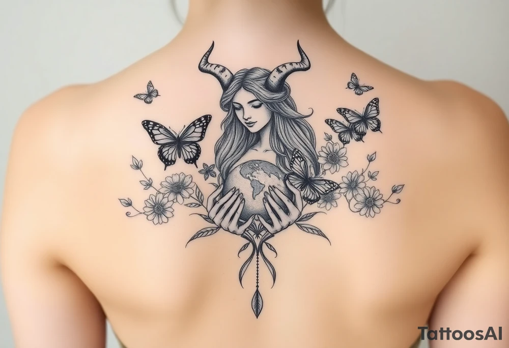Taurus goddess with earth in her hands and butterflies and flowers all around her tattoo idea