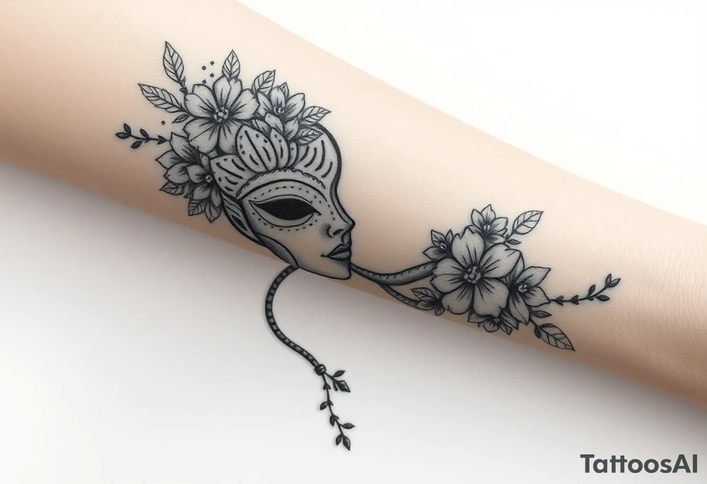 I want a two face masked tattoo with flowers, snakes , vines, jungle like all around On the forearm going down to my hand with cute flowers on it tattoo idea