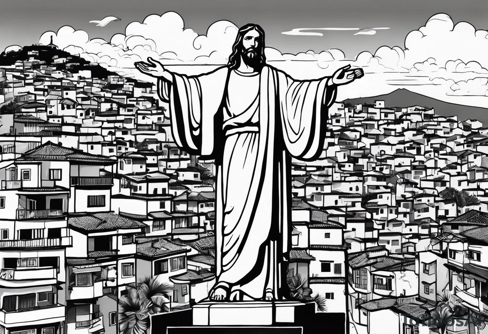 statue of jesus from Rio De Janeiro, below him as background there are favelas houses and above his hands as background is sky with slight clouds tattoo idea