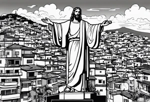 statue of jesus from Rio De Janeiro, below him as background there are favelas houses and above his hands as background is sky with slight clouds tattoo idea