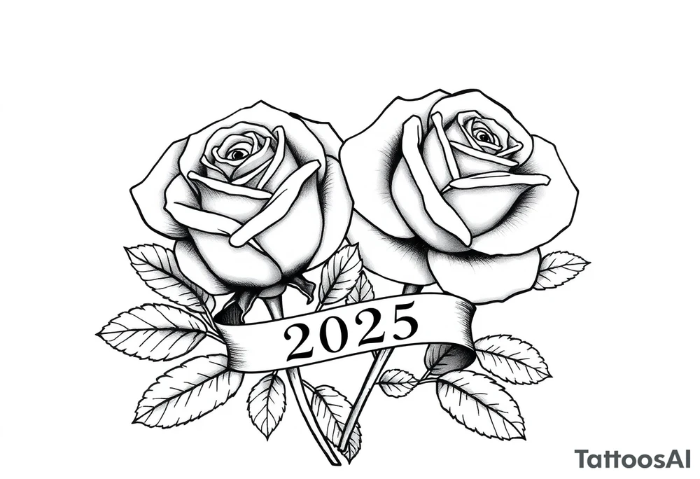 two beautiful large rose buds, one larger than the other, with lots and lots of leaves next to the rose buds, with one sitting slightly higher than the other, side-by-side.  Include a banner connecting the two roses with the year 2025 on it.   Use dark outlines with little shading. Remove all stems from the roses. tattoo idea