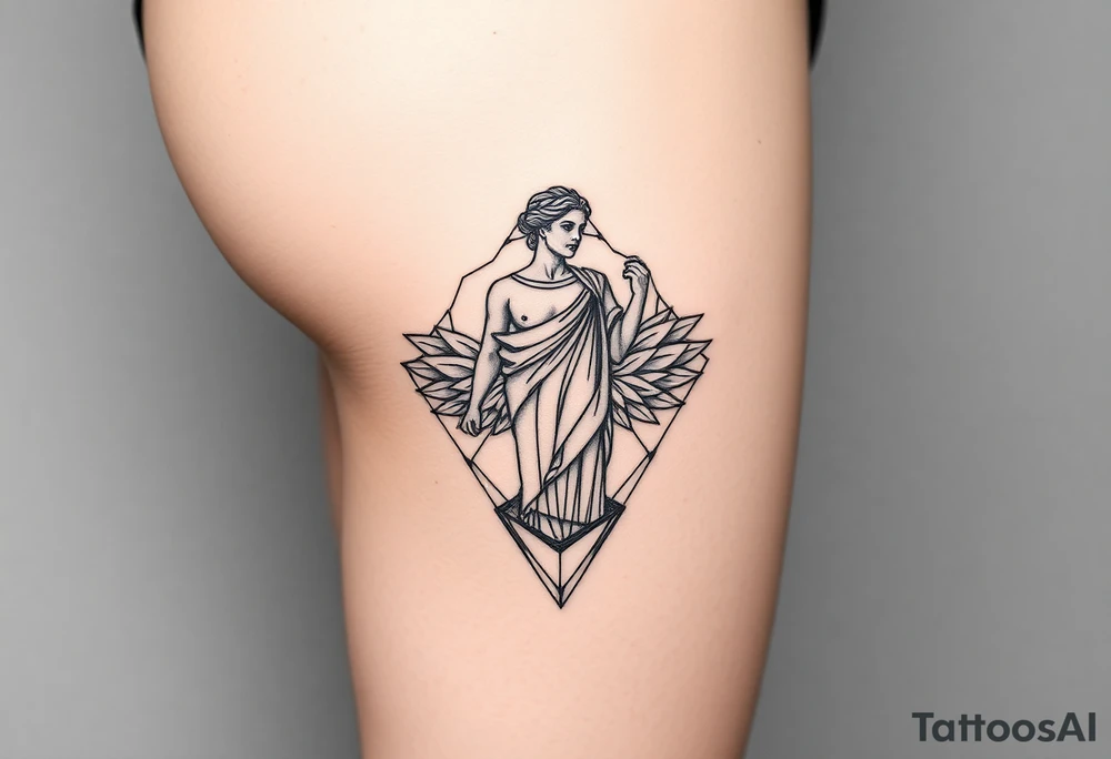 outer thigh tattoo greek sculpture female, fine line tattoo idea