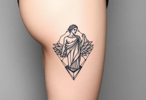 outer thigh tattoo greek sculpture female, fine line tattoo idea