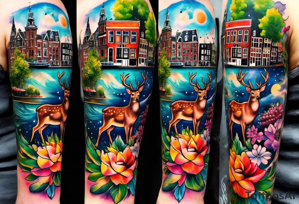 arm tattoo of stag deer and birds in Amsterdam canal featuring Amsterdam houses in space with pineapple at the bottom with galaxy colours tattoo idea