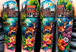 arm tattoo of stag deer and birds in Amsterdam canal featuring Amsterdam houses in space with pineapple at the bottom with galaxy colours tattoo idea