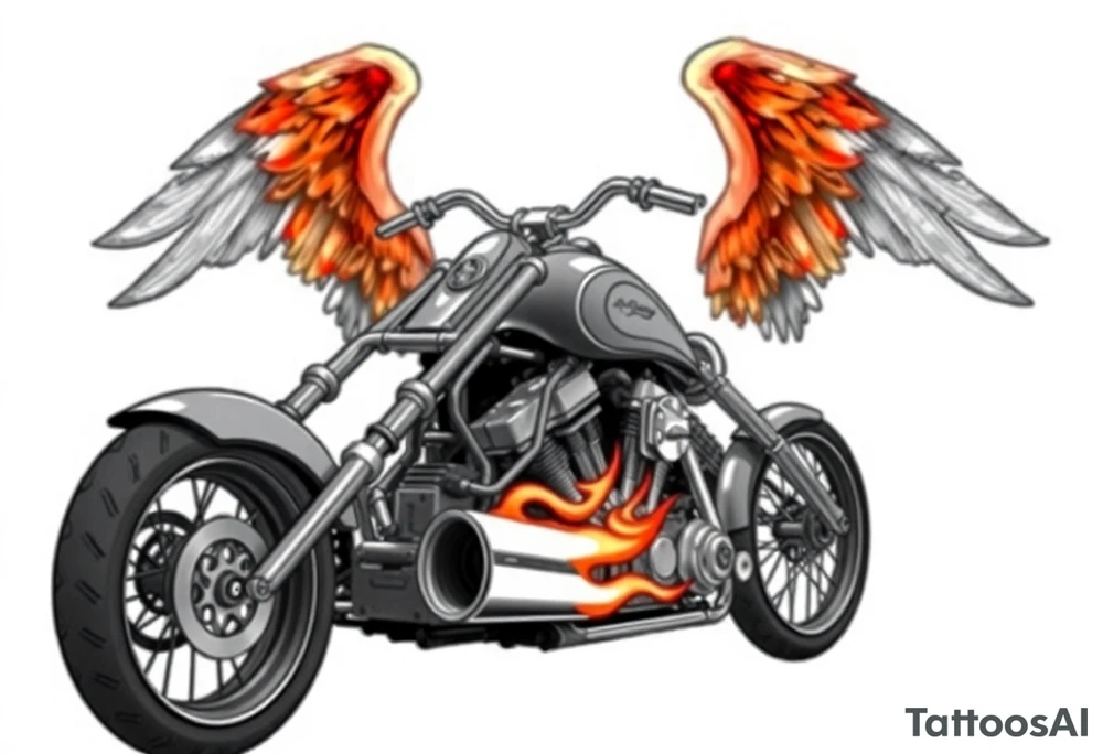 Low rider grey motorcycle, big muffler pipes with flames, angel wings, driving away, no person tattoo idea