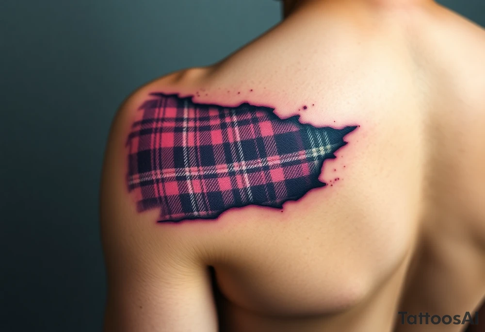 Dark Purple with green pink blue and white highlights tartan fabric on bicep with skin shedding away to reveal tartan underneath tattoo idea