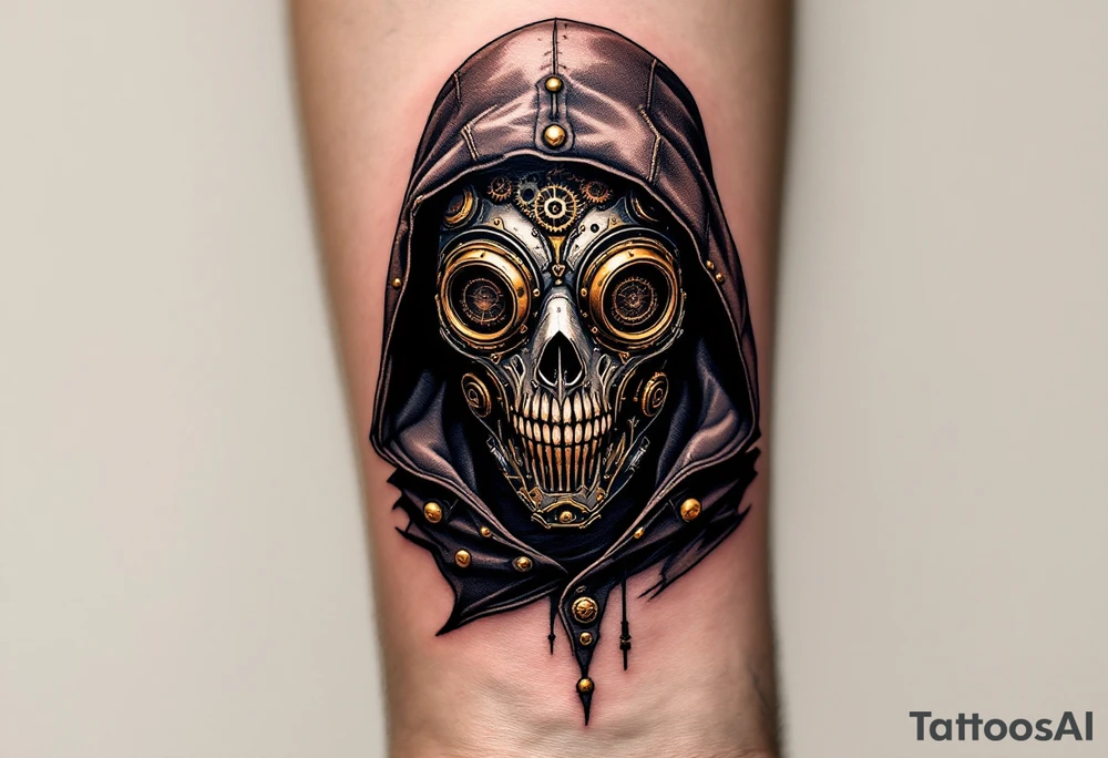 Steampunk Plague Doctor – A mechanical doctor with gears and cogs embedded into the tipical plague doctor mask. The leather mask is dark brown with copper rivets, and the robe has brass buttons and clockwork detailing. tattoo idea