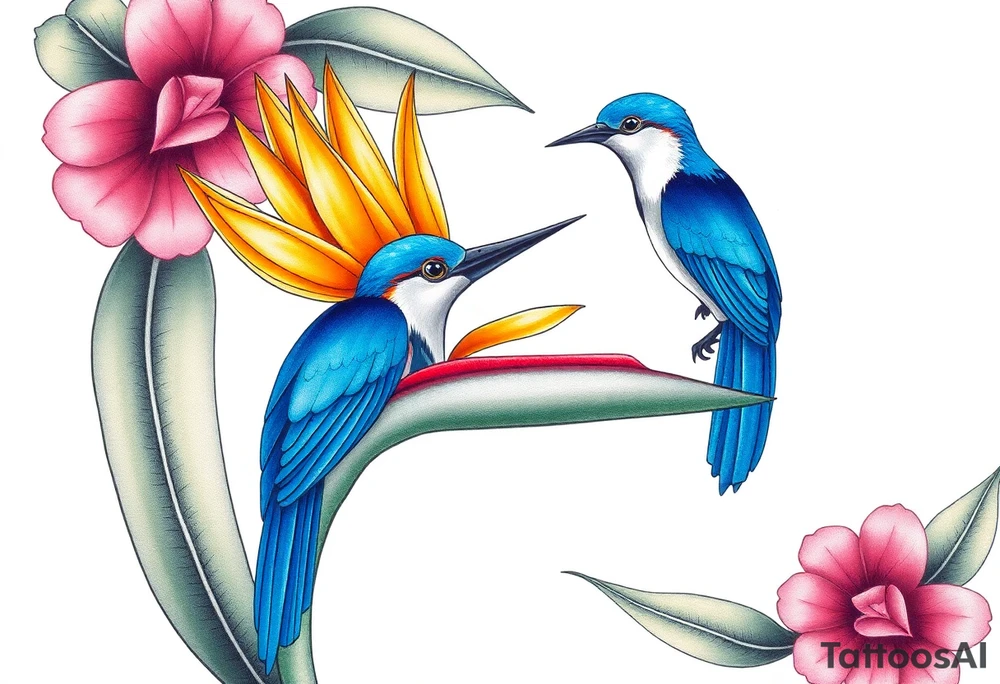 Bird of paradise flower with blue bird tattoo idea