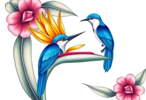 Bird of paradise flower with blue bird tattoo idea