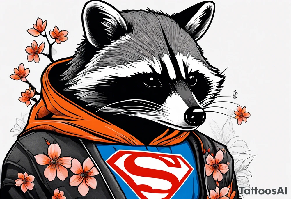Raccoon wearing a white Superman logo on a black hoodie and orange Japanese cherry blossoms beside tattoo idea