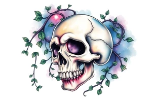 gothic skull as a planet and intertwined with climbing  vines and galaxy in background of skull tattoo idea