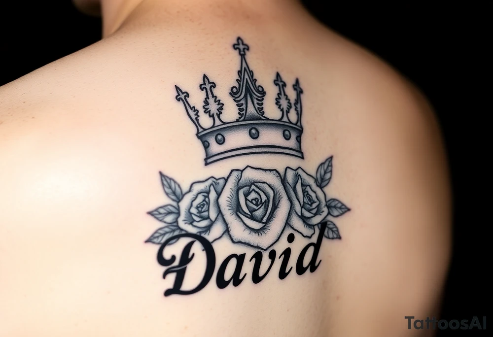 Medium side king crown above the name David and roses Tatoo idea tattoo idea