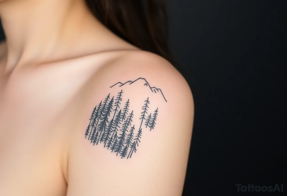 A minimalist tattoo of a forest with tall, slender trees leading toward a mountain range in the distance. The forest is dense at the bottom, filled with intricate fine lines, while the mountains gradually become more defined and detailed as they rise above the trees, representing the path out of struggle and into a clearer future. The tattoo could symbolize both the emotional journey of Exile and the hope and resolution in Out of the Woods tattoo idea