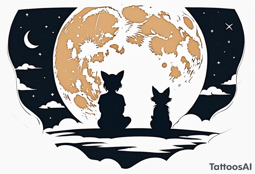 A little girl and a fox looking at the moon, sitting on a cloud we see them from behind tattoo idea