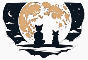 A little girl and a fox looking at the moon, sitting on a cloud we see them from behind tattoo idea