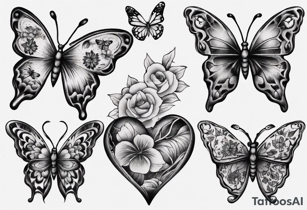 Butterfly wrap tattoos in heart with floral tattoo idea