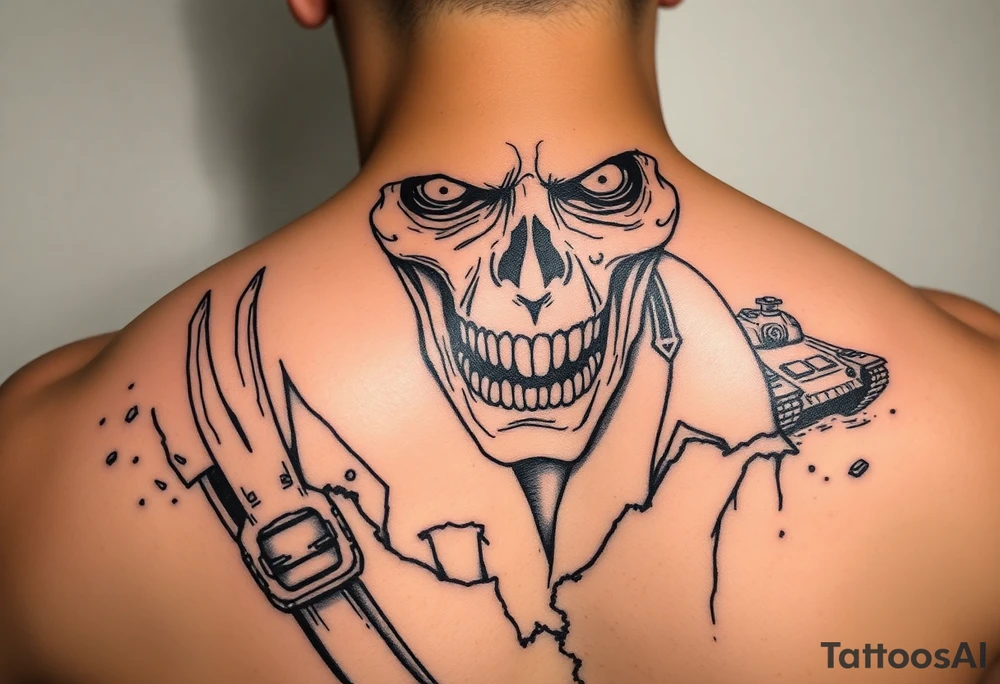 Close-up of a zombie soldier's face, torn uniform, with a tank and explosions in the background. tattoo idea